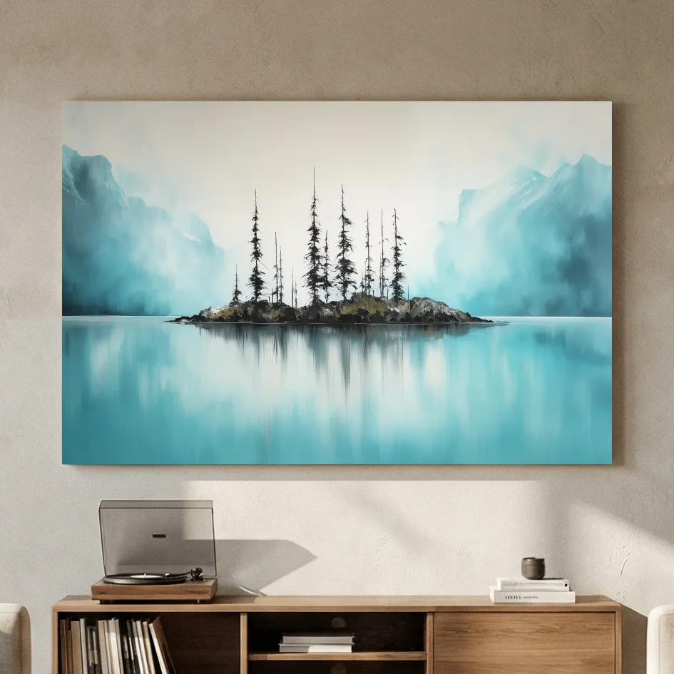 Misty Turquoise Mountain Lake Reflection - Minimalist Watercolor Landscape Wall Art