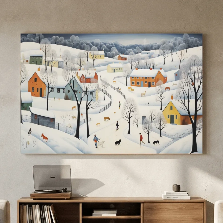 Whimsical Snowy Village Winter Landscape Painting - Folk Art Countryside Wall Art