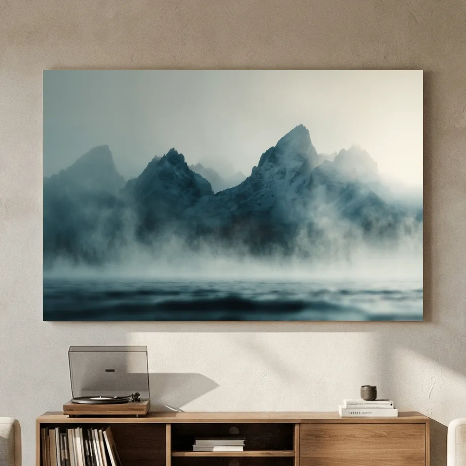Moody Misty Mountain Peaks Over Water - Atmospheric Monochrome Landscape Wall Art