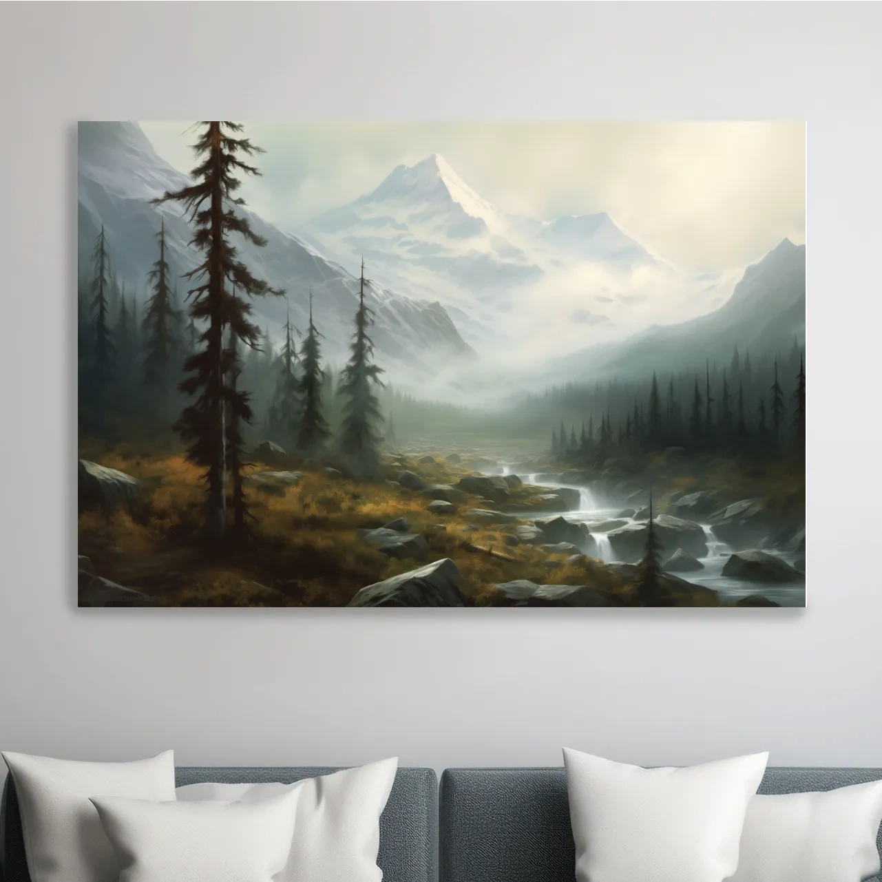 Misty Alpine Mountain Valley Painting - Foggy Evergreen Forest Wall Art