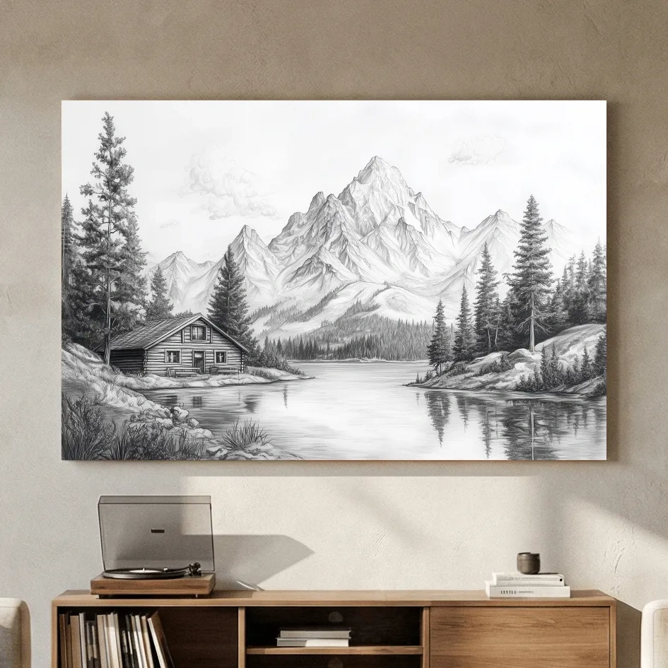 Vintage Pencil Sketch Alpine Lake Cabin - Black And White Mountain Landscape Wall Art