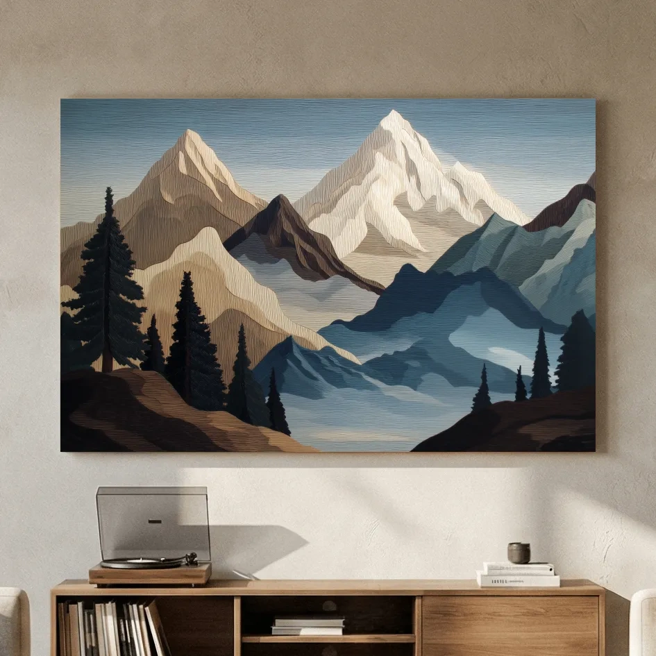Textured Layered Alpine Mountain Peaks - Scenic Forest Wall Art