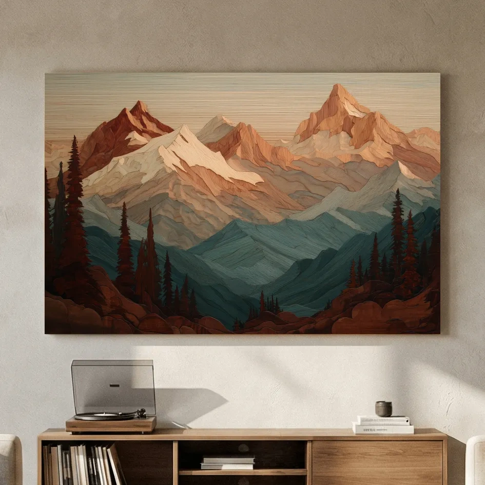 Layered Wood Alpine Mountain Range - Textured Topographic Landscape Wall Art