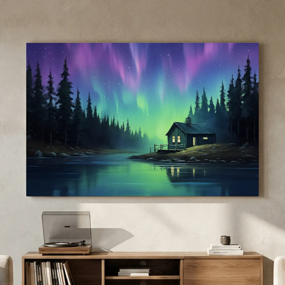 Northern Lights Over Lakeside Cabin Painting - Aurora Borealis Night Wall Art