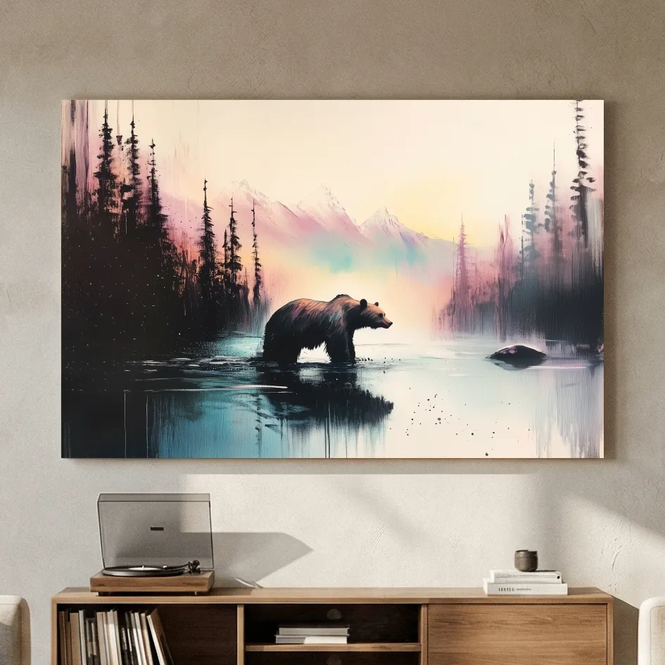 Moody Watercolor Grizzly Bear Lake Reflection - Misty Mountain Wilderness Wall Art