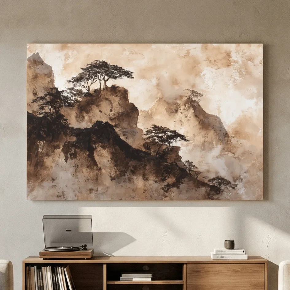 Sepia Japandi Mountain Ridge Painting - Atmospheric Ink Wash Art