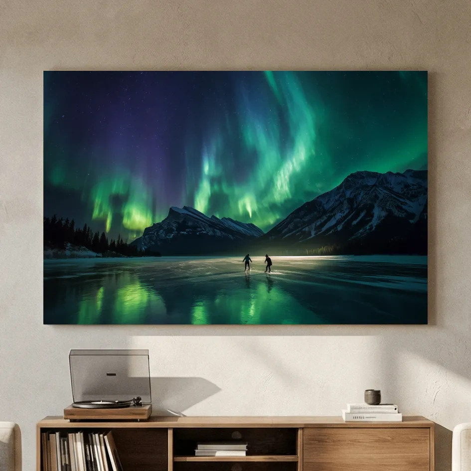 Ice Skaters Under Vibrant Northern Lights - Aurora Borealis Photographic Wall Art