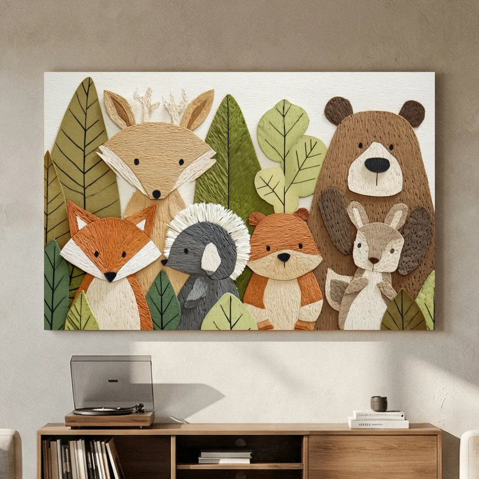 Woodland Animal Nursery Decor - Cute Forest Animals Embroidery Style Wall Art