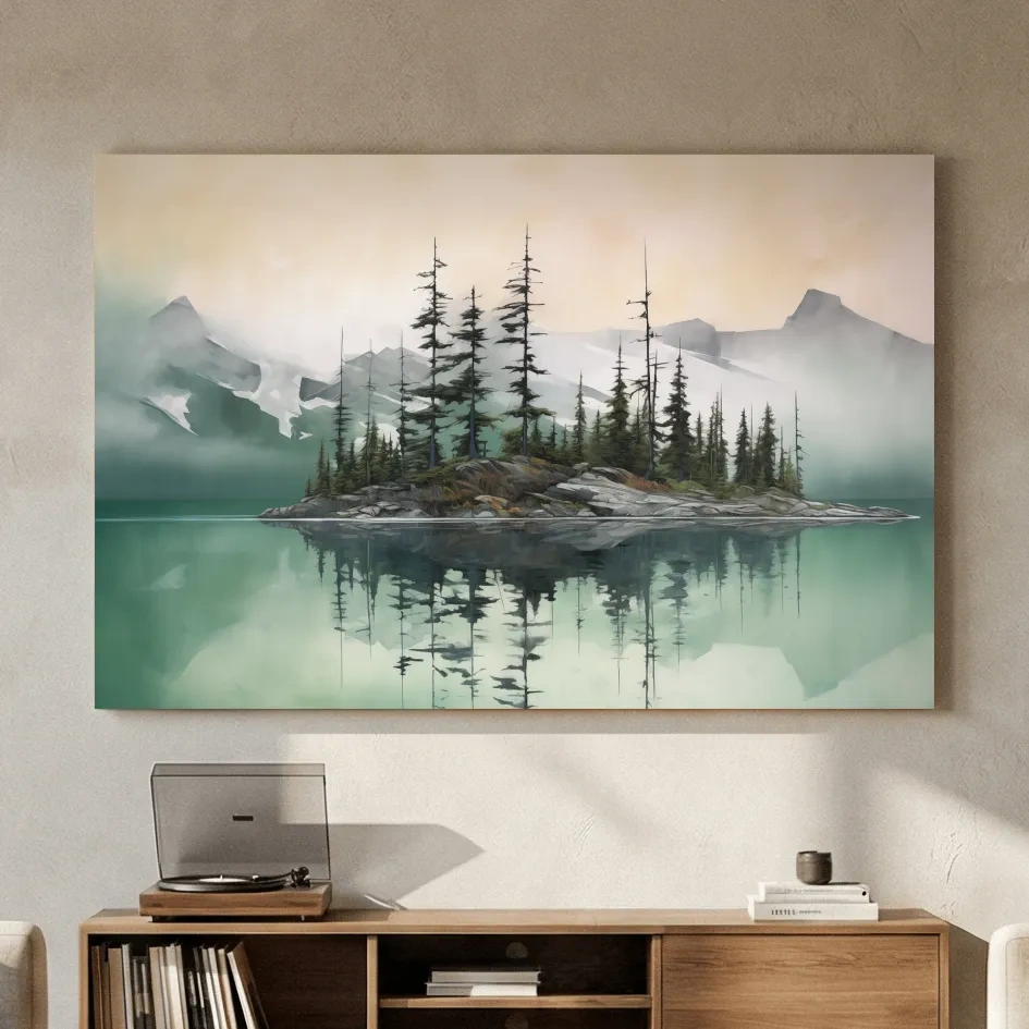 Misty Turquoise Alpine Lake Reflection - Serene Watercolor Mountain Landscape Wall Art