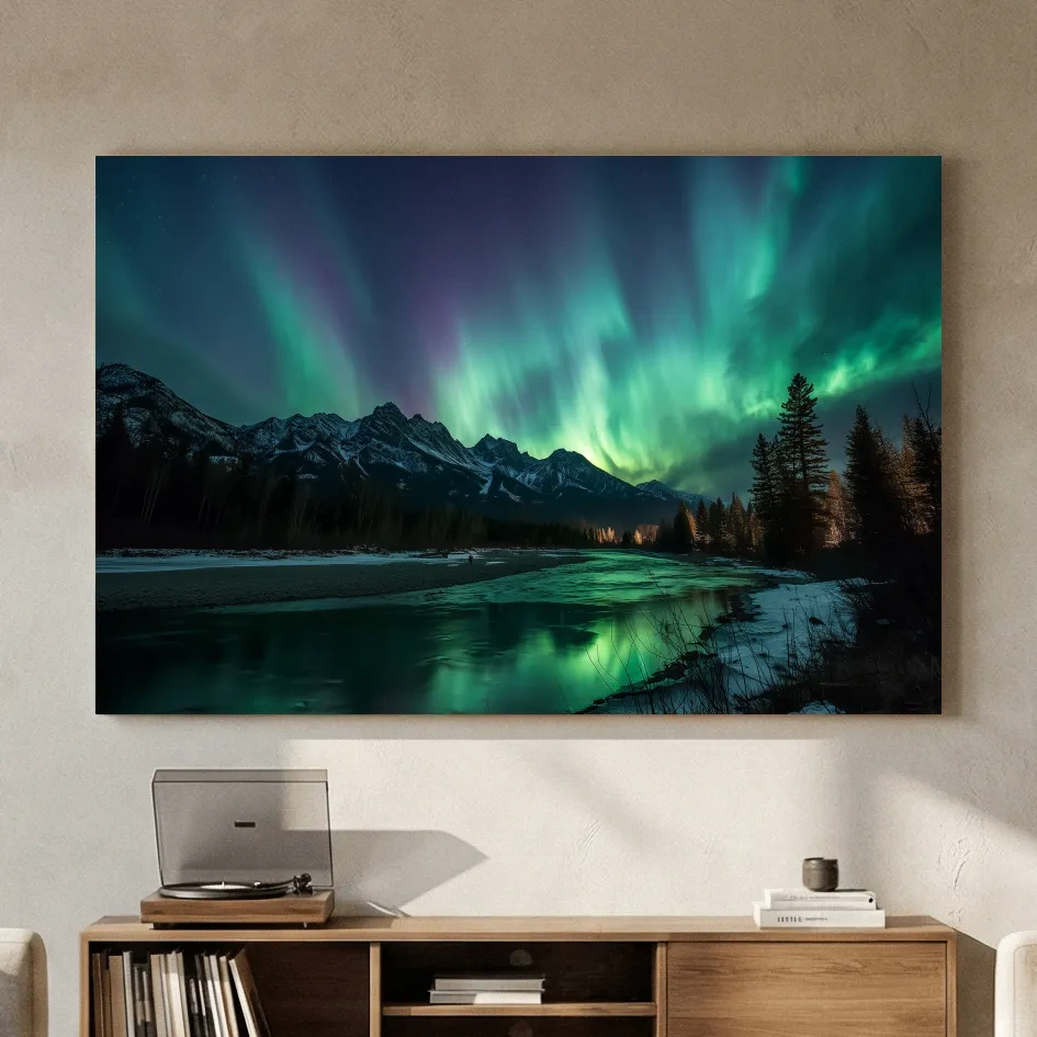 Vibrant Green Northern Lights Over Frozen Lake - Aurora Borealis Landscape Wall Art