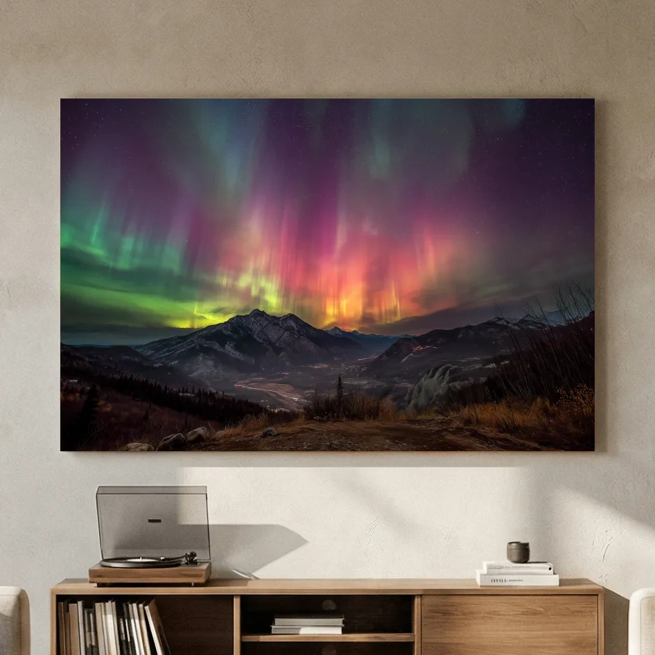 Vibrant Aurora Borealis Over Mountain Range - Colorful Northern Lights Landscape Wall Art