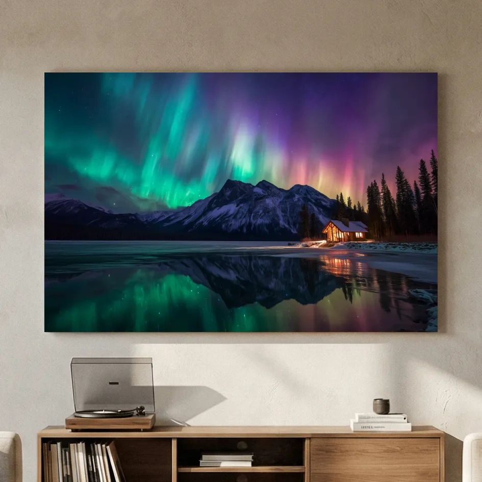 Vibrant Northern Lights Over Mountain Lake Cabin - Aurora Borealis Landscape Wall Art