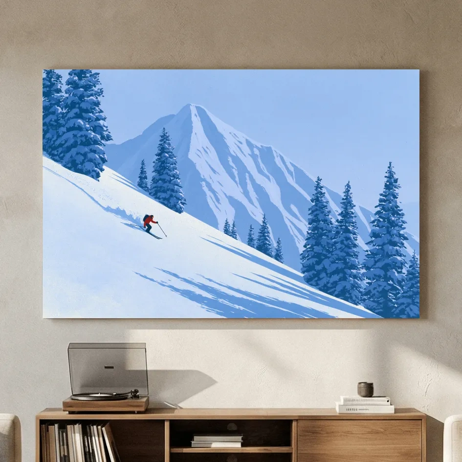 Minimalist Snowy Mountain Skier Landscape - Winter Alpine Illustration Wall Art
