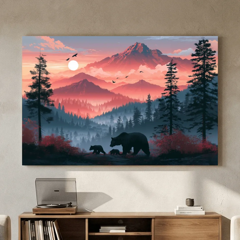 Sunset Mama Bear & Cubs Silhouette - Forest Wildlife Wall Art