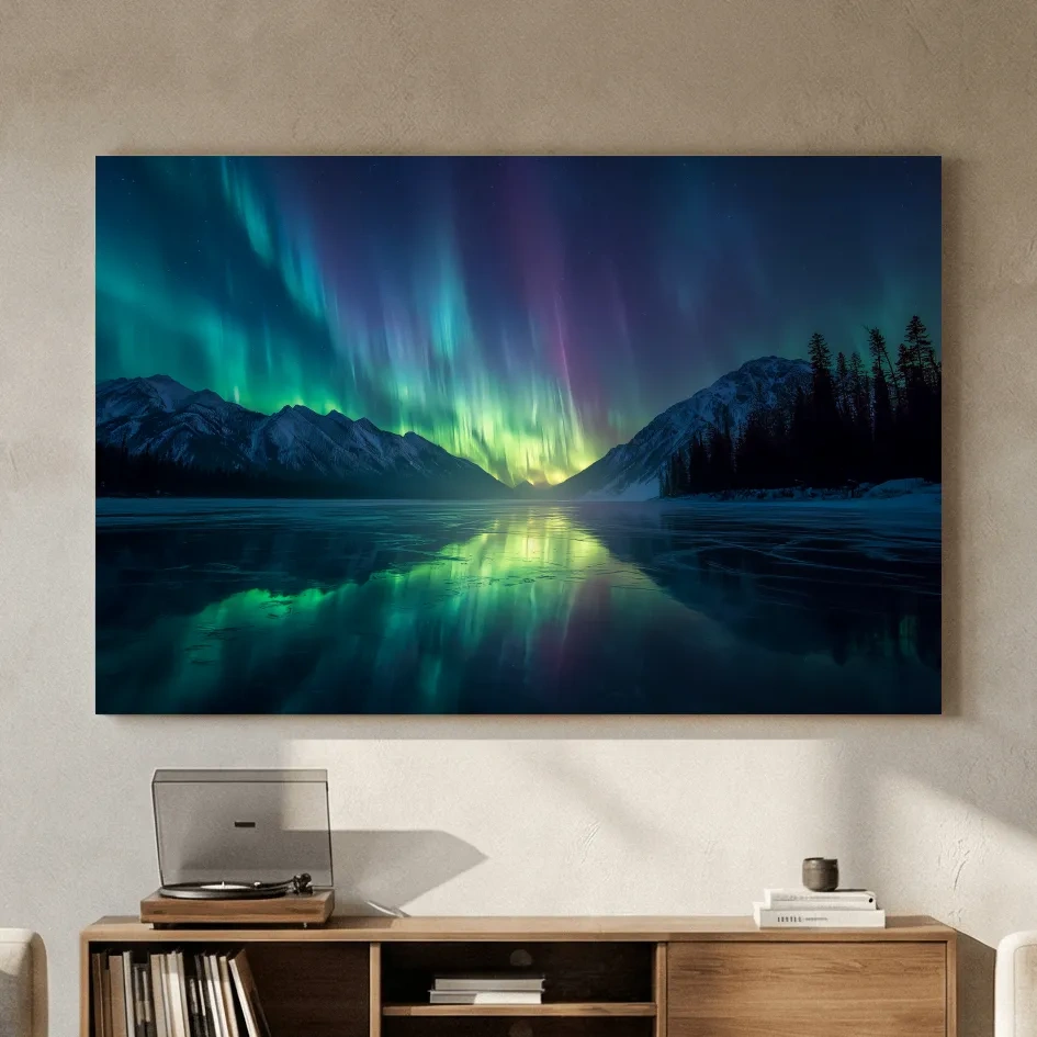 Vibrant Northern Lights Over Icy Mountain Lake - Aurora Borealis Wall Art