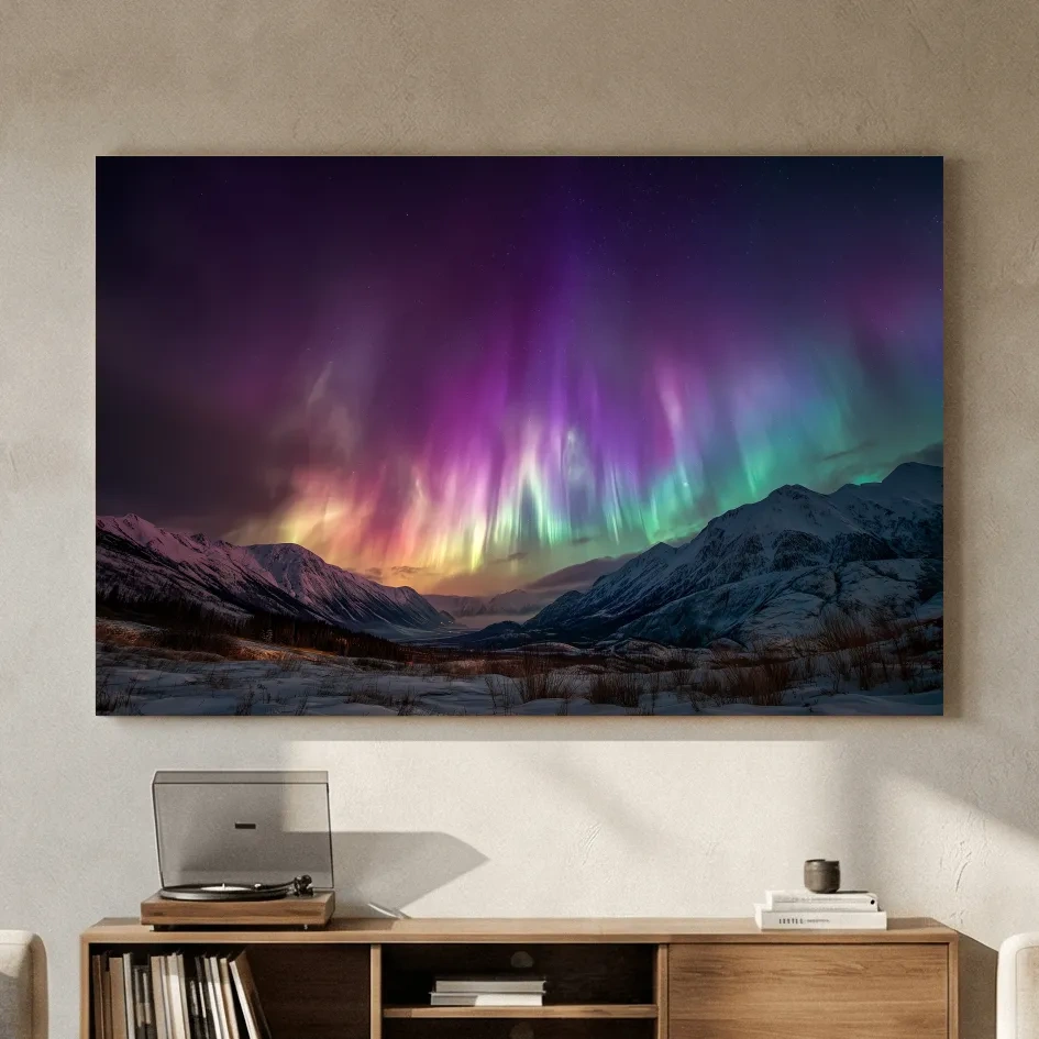 Vibrant Aurora Borealis Over Snowy Mountains - Northern Lights Night Sky Wall Art