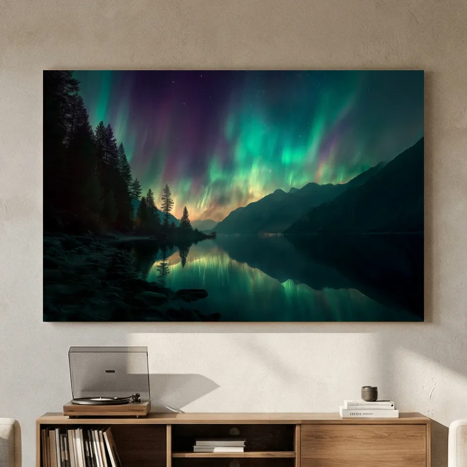 Vibrant Northern Lights Lake Reflection - Aurora Borealis Mountain Wall Art