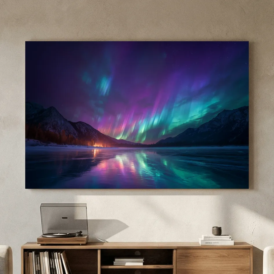 Vibrant Aurora Borealis Over Frozen Lake - Northern Lights Mountain Wall Art