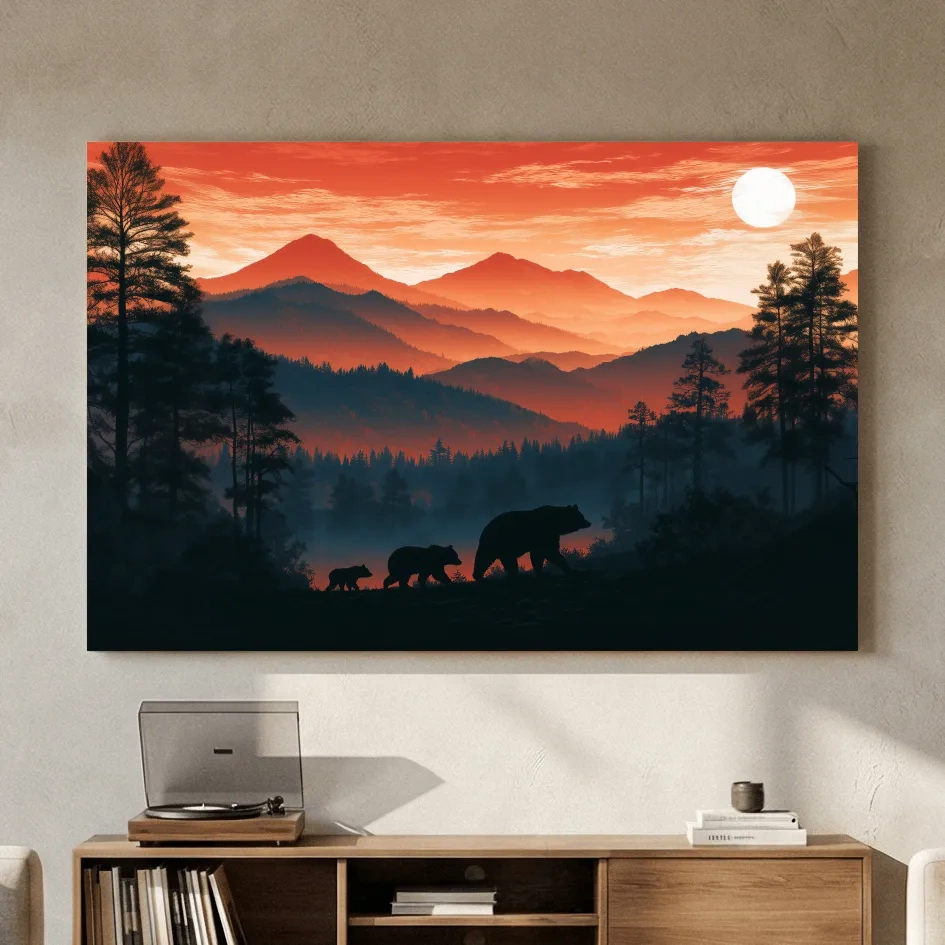 Mountain Sunset Bear Family Silhouettes - Wilderness Landscape Artwork