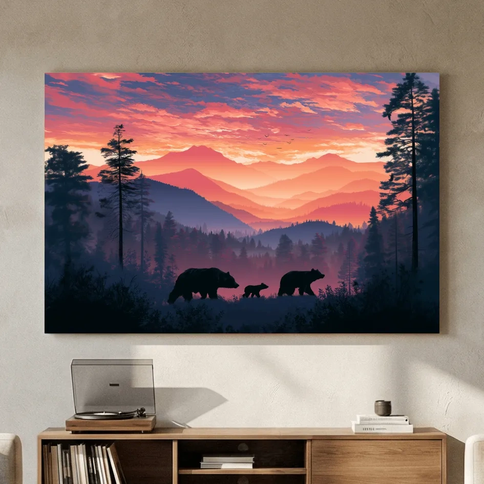 Moody Sunset Mountain Bear Family Silhouettes - Wildlife Wall Art