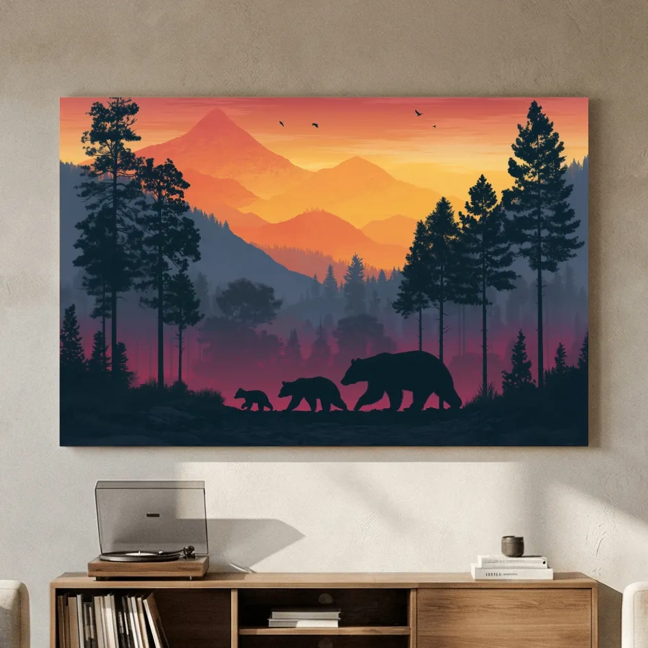 Sunset Momma Bear & Cubs Silhouette - Forest Wildlife Wall Art