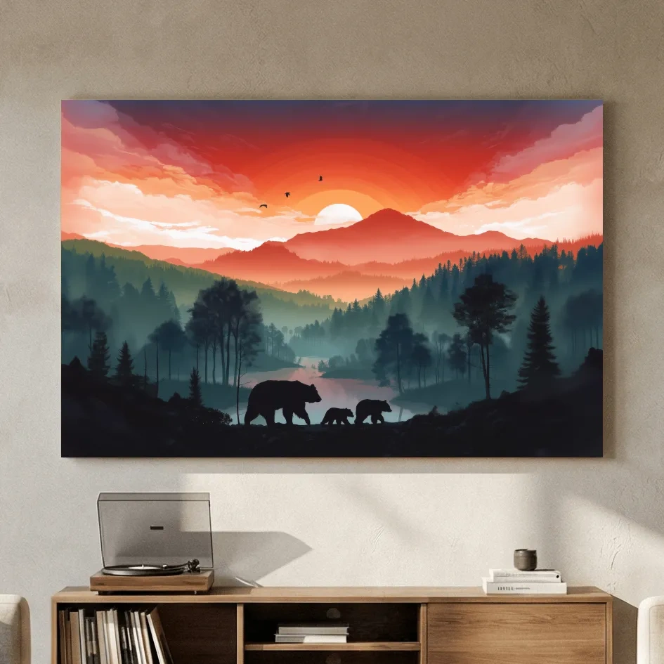 Sunset Bear Family Silhouette Landscape - Misty Mountain Forest Wall Art