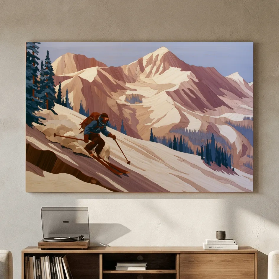 Backcountry Skier Descending Snowy Alpine Peaks - Modern Outdoor Adventure Wall Art