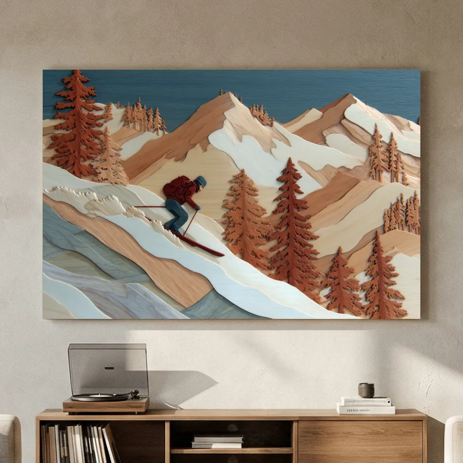 Wood Intarsia Style Skier Mountain Scene - Winter Alpine Wall Art