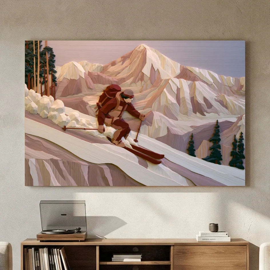 Geometric Backcountry Skier In Alpine Peaks - Winter Mountain Adventure Wall Art