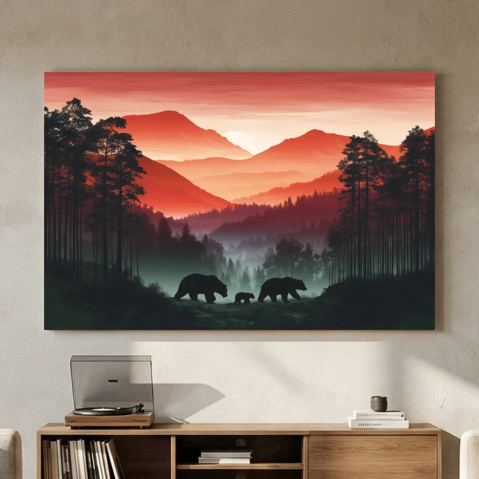 Moody Sunset Mountain Bear Family Silhouettes - Misty Forest Wildlife Wall Art