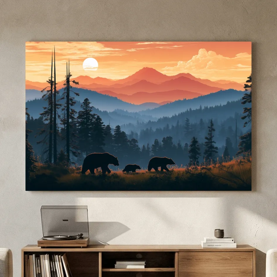Bear Family Silhouettes - Mountain Sunset Wildlife Wall Art