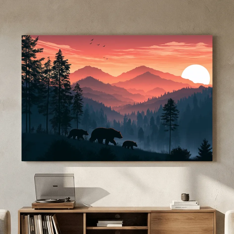 Bear Family Silhouette Mountain Sunset - Wildlife Landscape Wall Art