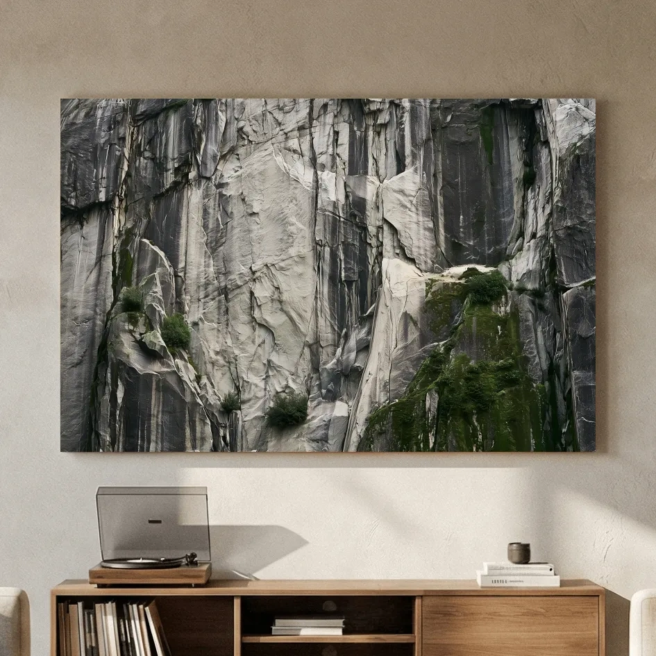 Textured Granite Cliff Face Photography - Moody Monochrome Rock Wall Art