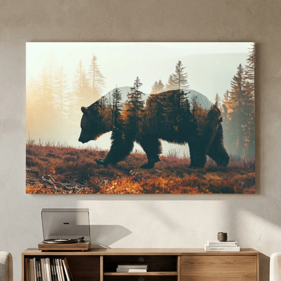 Double Exposure Grizzly Bear Forest - Misty Mountain Wildlife Photographic Artwork
