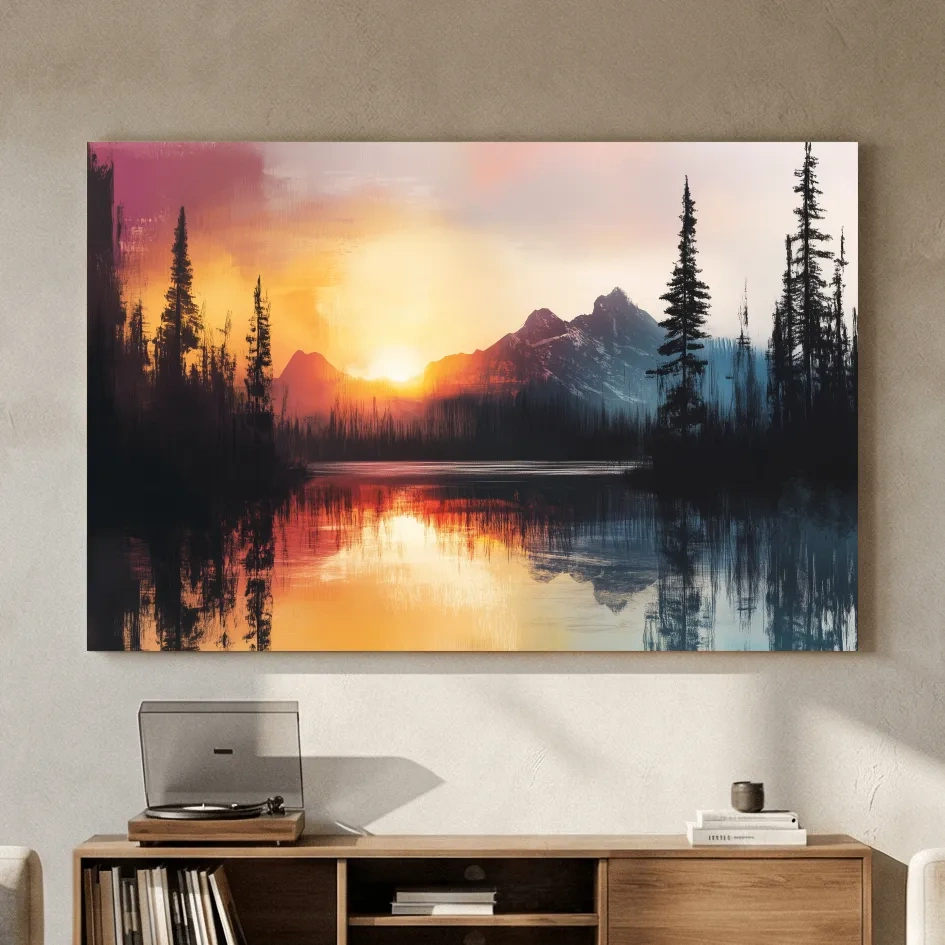 Sunset Mountain Lake Reflection Painting - Dramatic Pine Forest Landscape Wall Art
