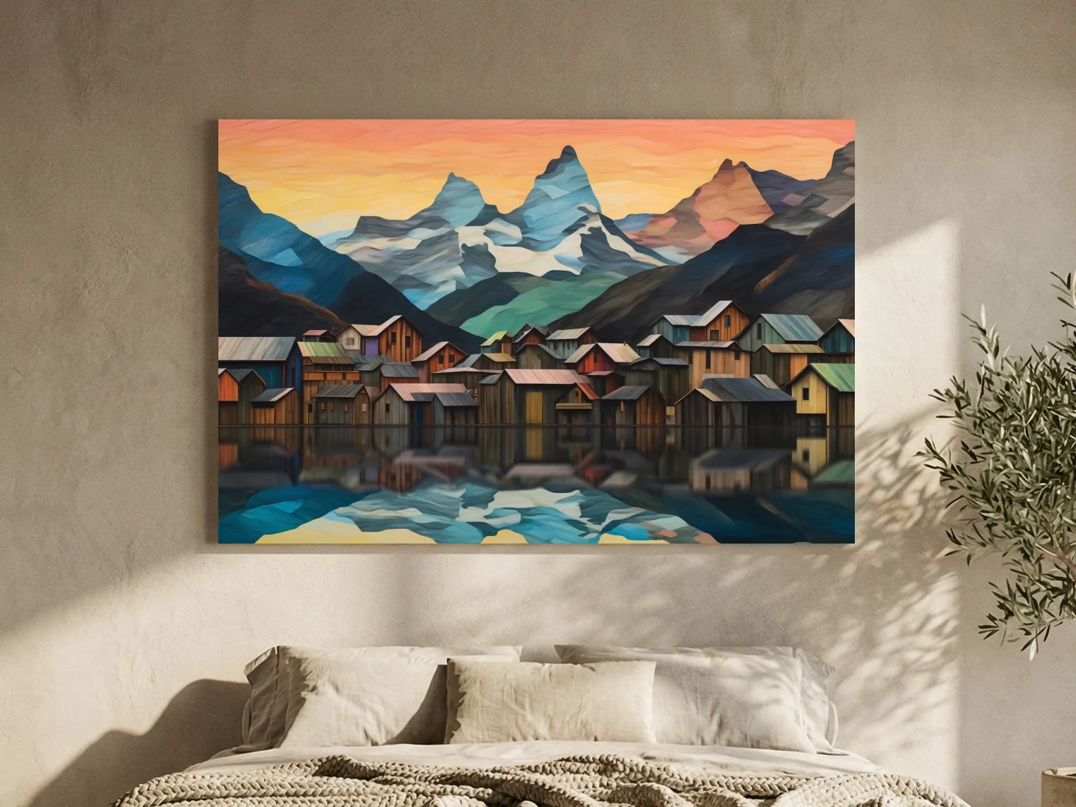 Alpine Mountain Village Reflections - Colorful Paper Cut Style Wall Art