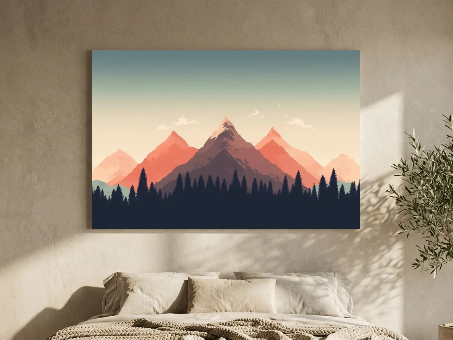Minimalist Alpine Mountain Sunrise Artwork - Modern Scandinavian Forest Wall Art