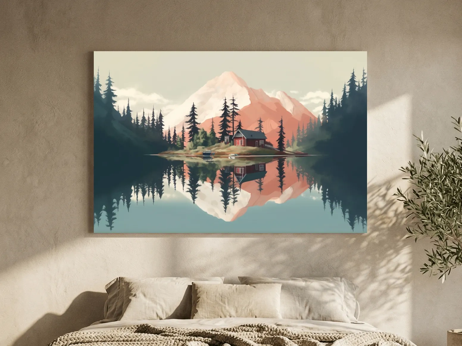 Serene Alpine Lake Cabin Artwork - Minimalist Mountain Landscape Wall Art