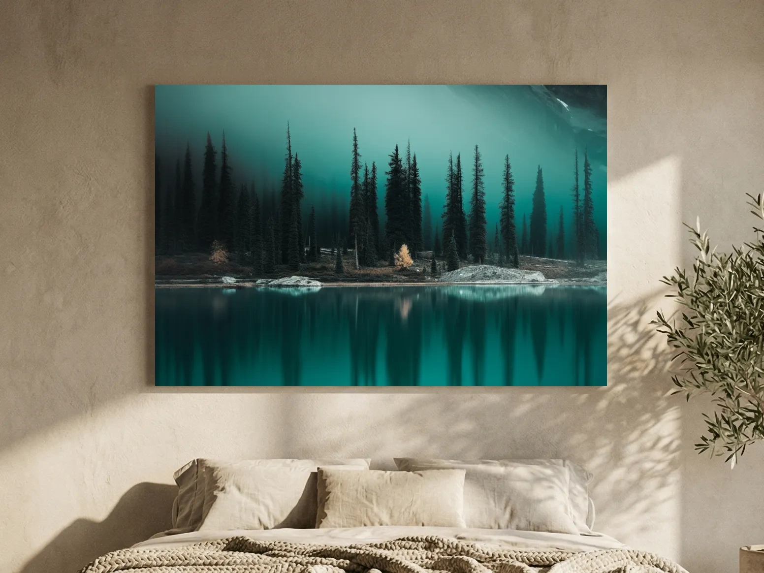 Misty Pine Forest Turquoise Alpine Lake - Serene Mountain Landscape Wall Art