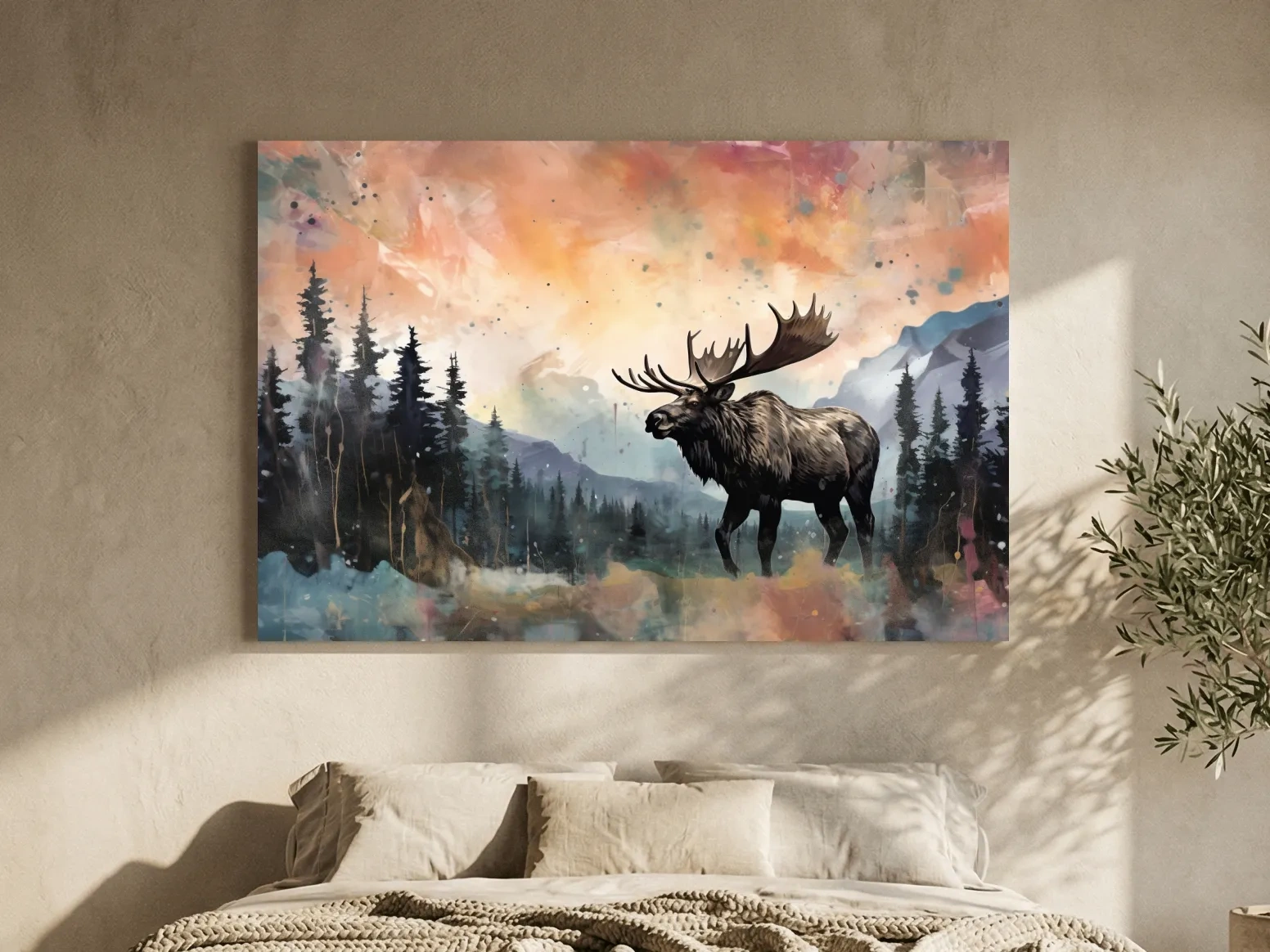 Watercolor Moose In Misty Mountain Forest - Rustic Wildlife Wall Art