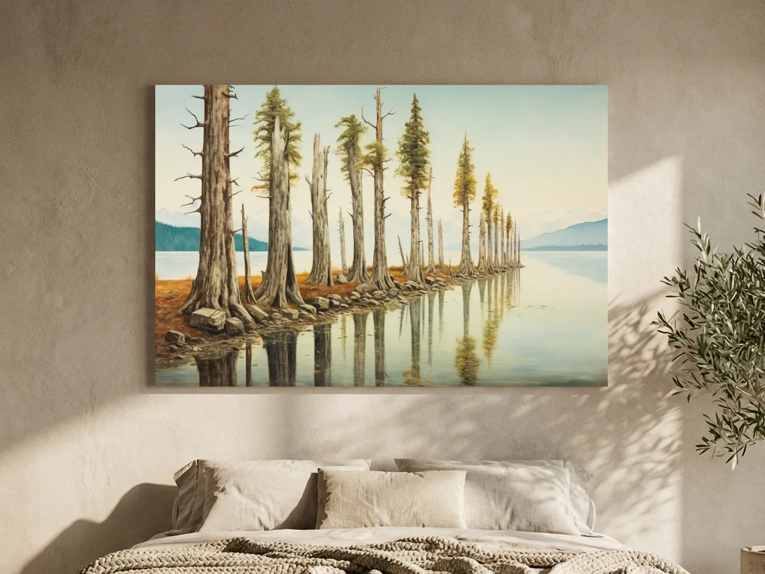 Serene Lakeside Pine Forest Reflections - Watercolor Landscape Wall Art