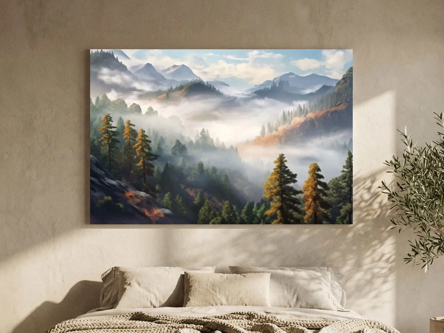Misty Mountain Valley Forest Landscape - Serene Foggy Nature Painting Wall Art