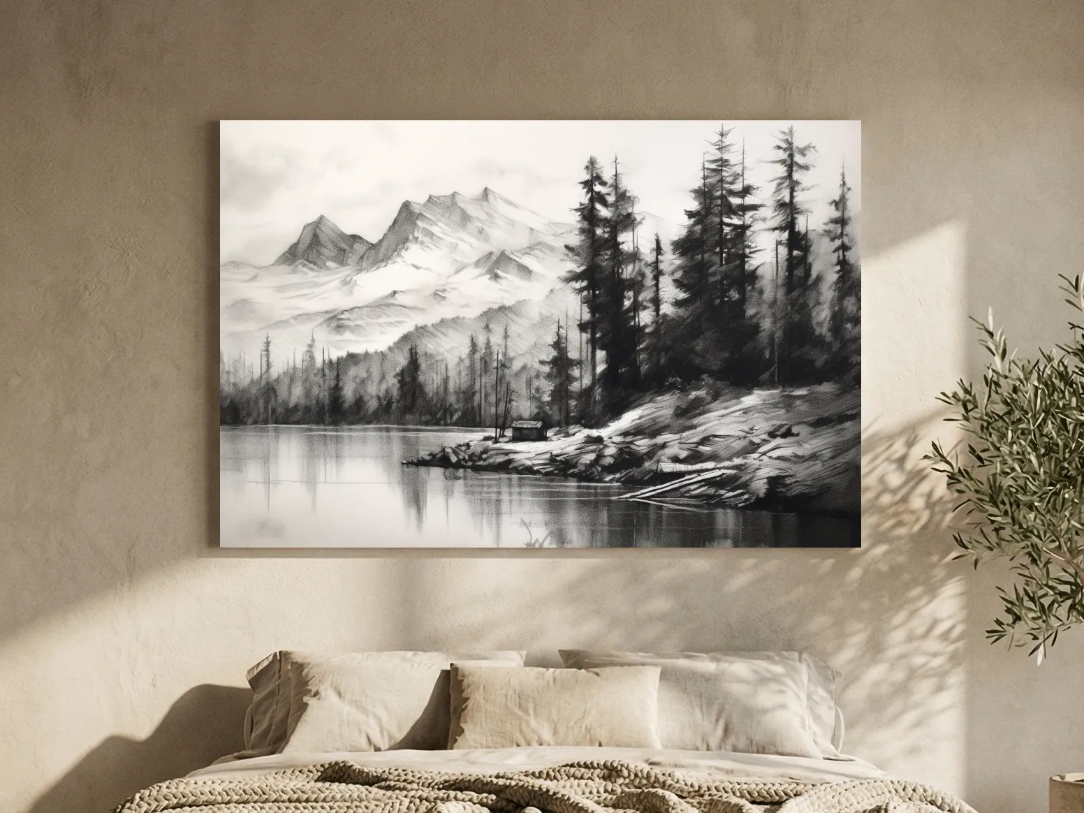 Monochrome Mountain Lake Charcoal Sketch - Pine Forest Landscape Wall Art