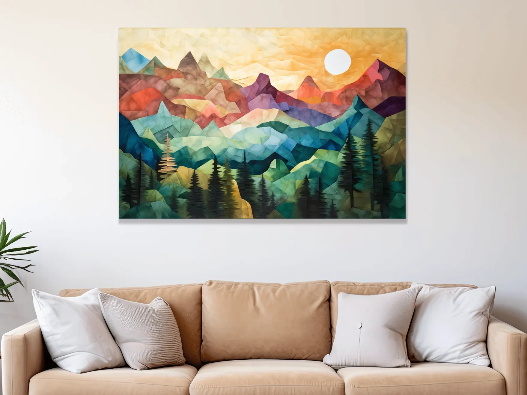 Abstract Sunset Mountain Canvas - Vibrant Patchwork Mosaic Art