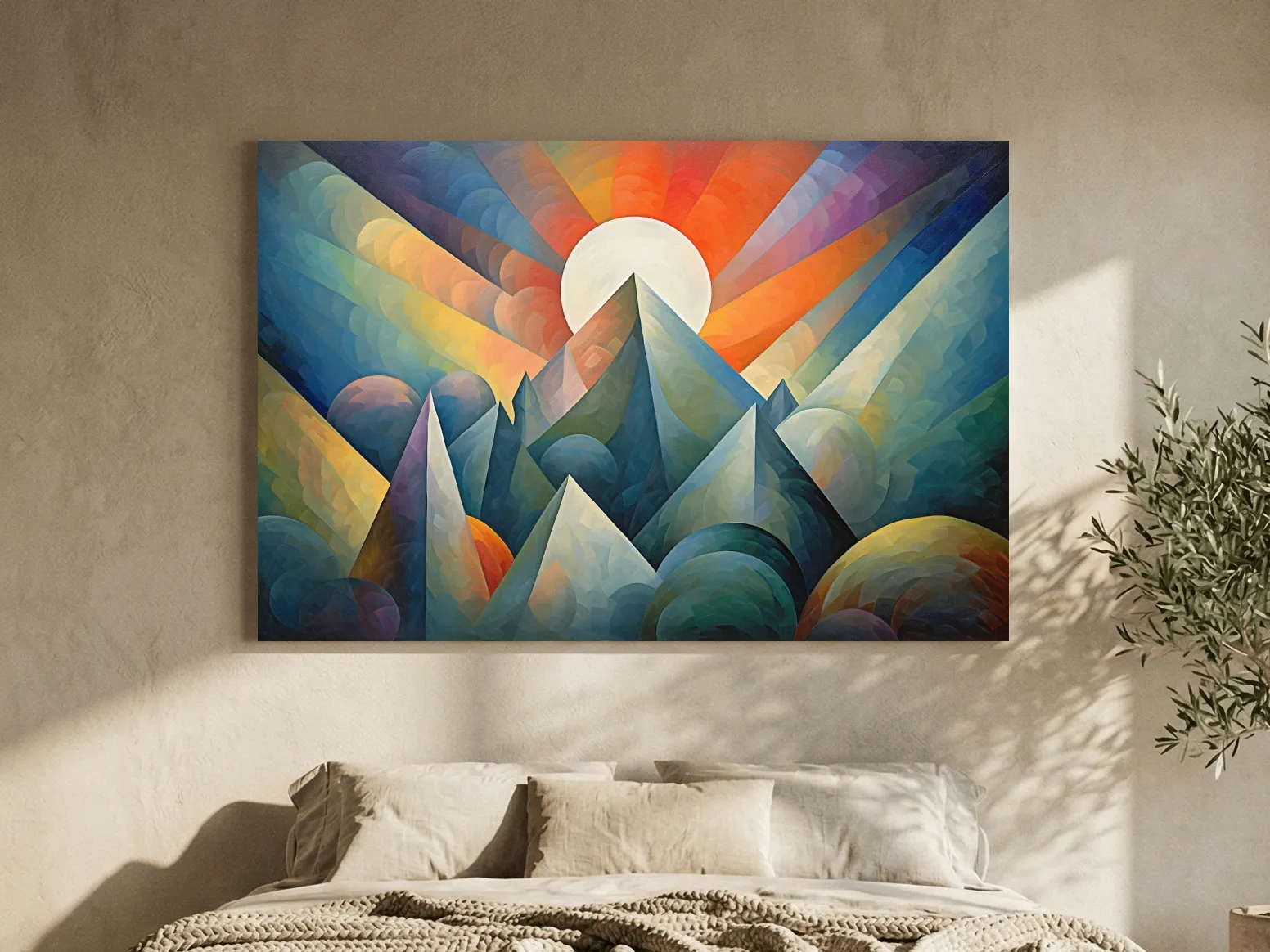 Vibrant Mountain Sunrise Painting - Abstract Alpine Landscape Wall Art