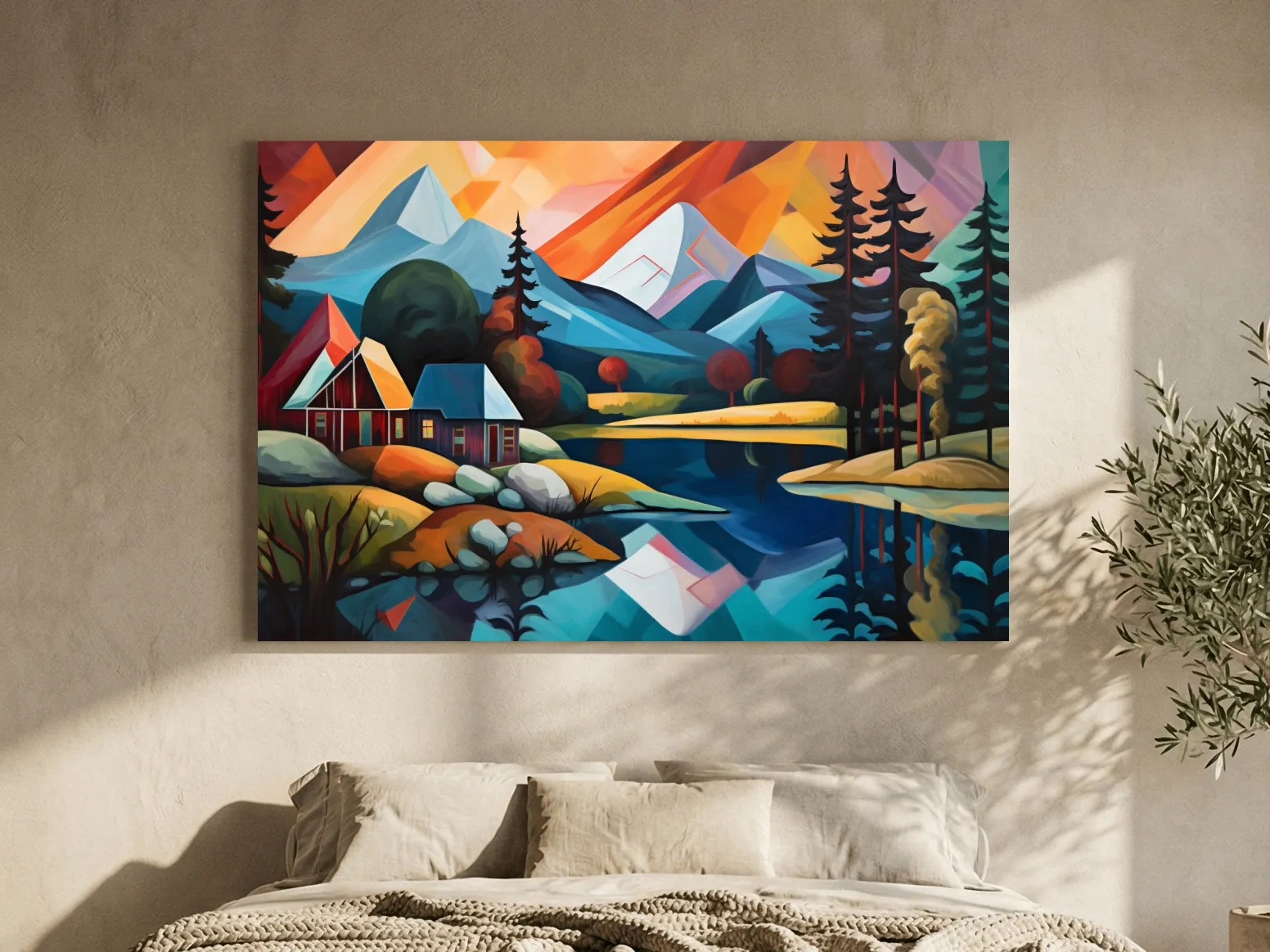 Vibrant Geometric Mountain Lake Cabin Oil Painting - Modern Abstract Wall Art