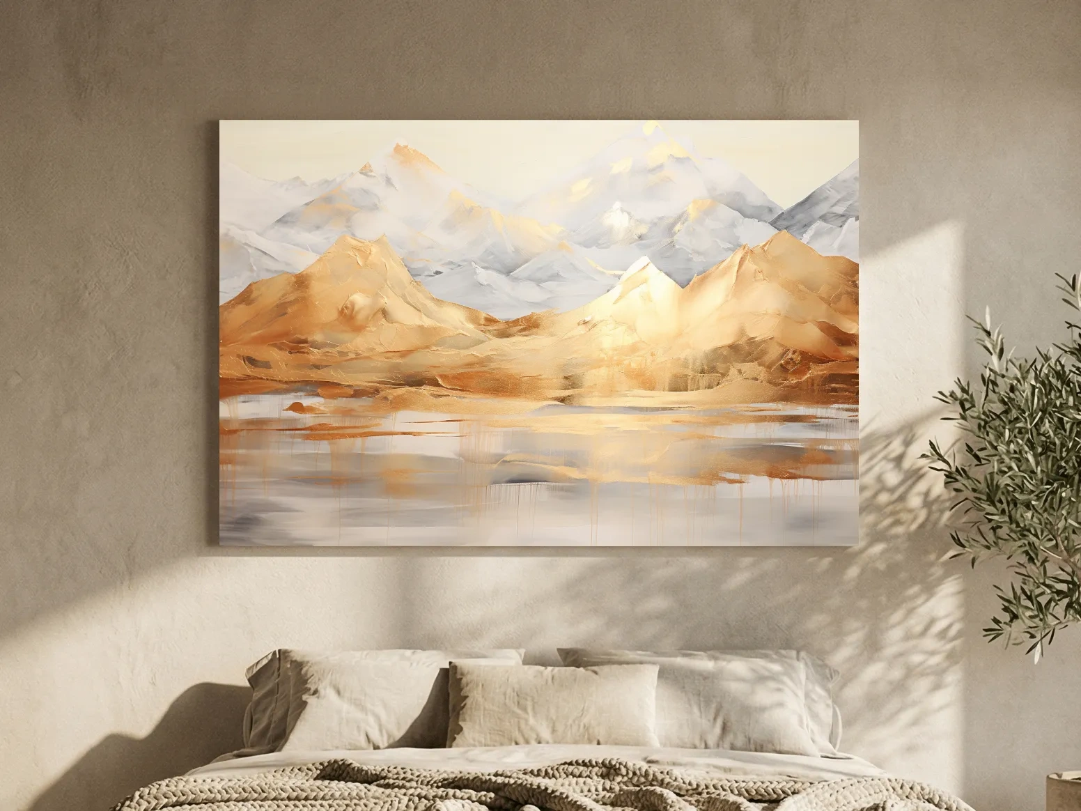 Luxe Golden Abstract Mountain Lake Painting - Elegant Landscape Wall Art