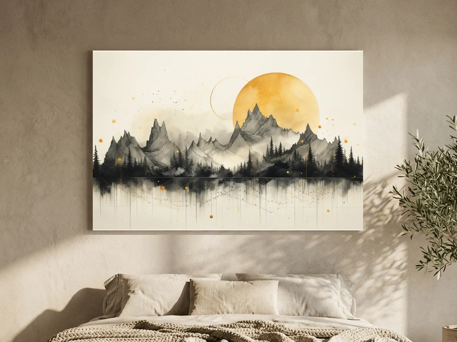 Golden Sun Abstract Mountain Range - Minimalist Watercolor Landscape Wall Art