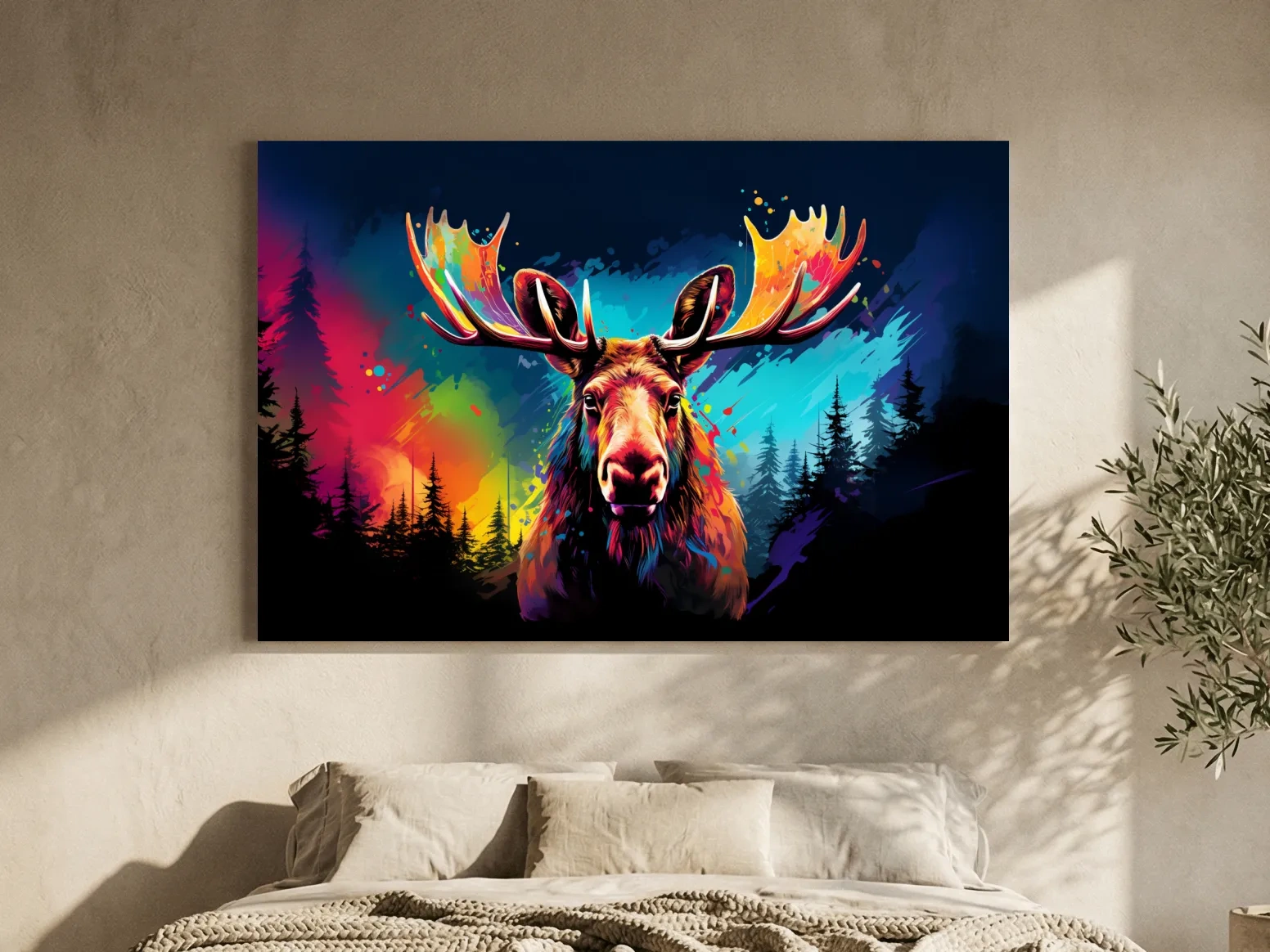 Vibrant Abstract Retro Moose Portrait - Colorful Splash Paint Wildlife Wall Art