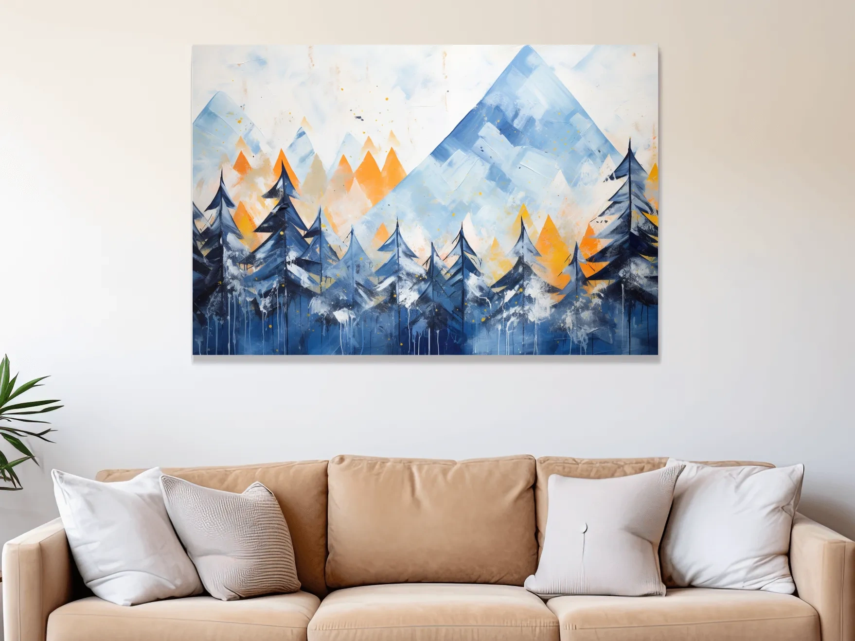 Simple blue and orange abstract mountain painting